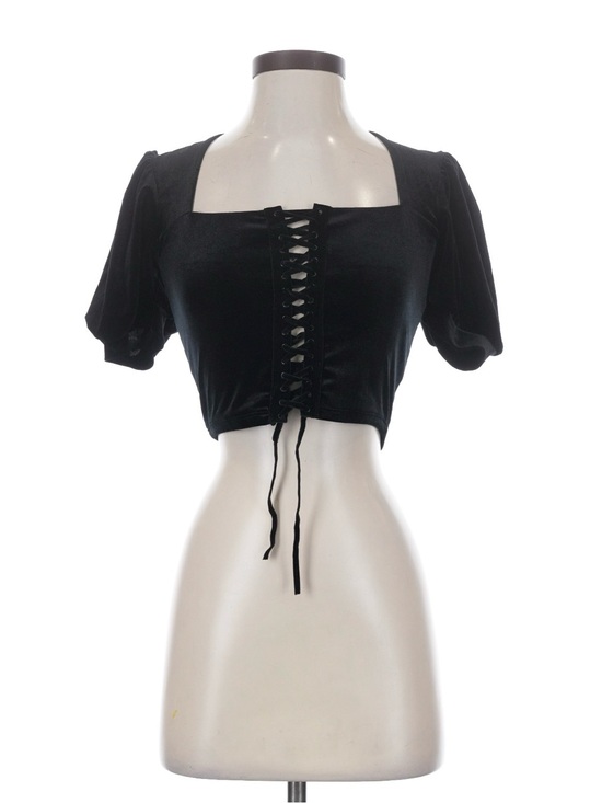 Blackmilk Tops - BlackMilk Black Velvet Lace-Up Puff Sleeve Crop Top XS